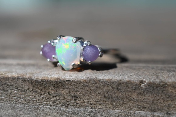 Opal Art Deco Engagement Ring, Raw Grape Agate Ring, Unique Engagement R… - Picture 4 of 4